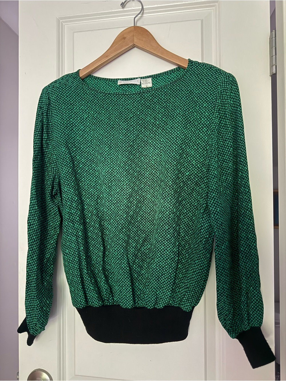 Vintage Green Patterned Long-Sleeve Silk Blend Blouse with Black Hem Art2Wear